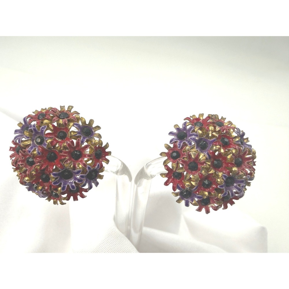 Vintage Floral Clip On Earrings Red Purple Enamel Rhinestone Domed Bouquet